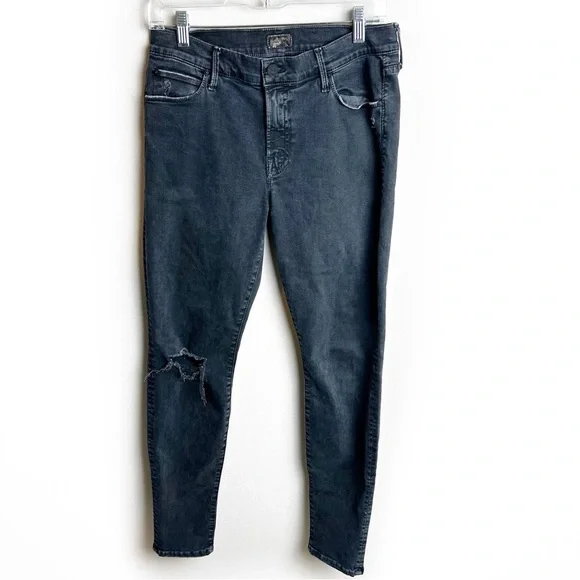 Mother The Charmer black distressed mid-rise skinny jeans worn black wash 29 - Picture 2 of 14